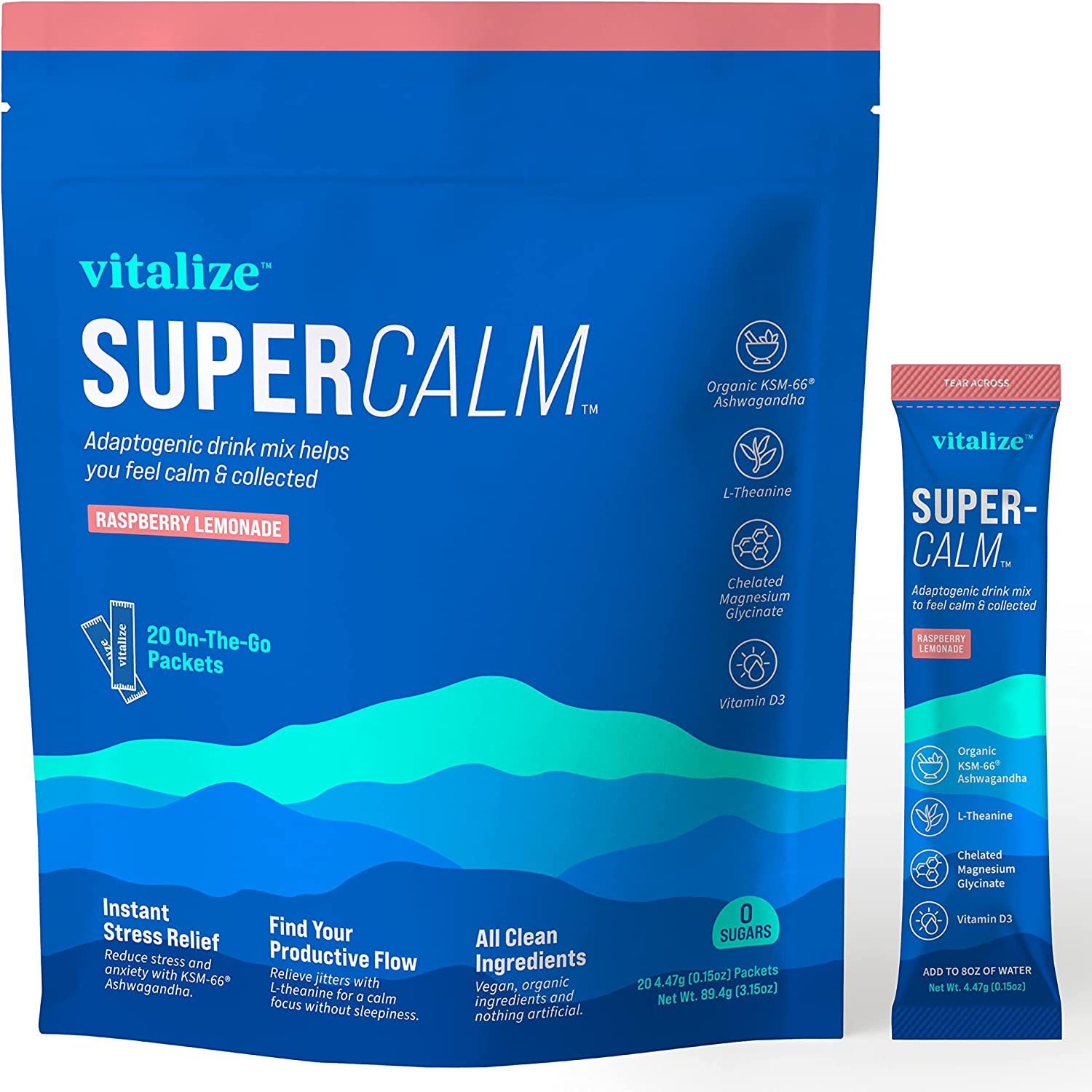 VITALIZE SuperCalm - Feel Calm, Cool, and Collected | Drink Mix | Contains KSM-66 Ashwagandha, L-Theanine, Magnesium Glycinate, and Vitamin D3 | Raspberry Lemonade, 0.15 Ounce (Pack of 20) - Image 8
